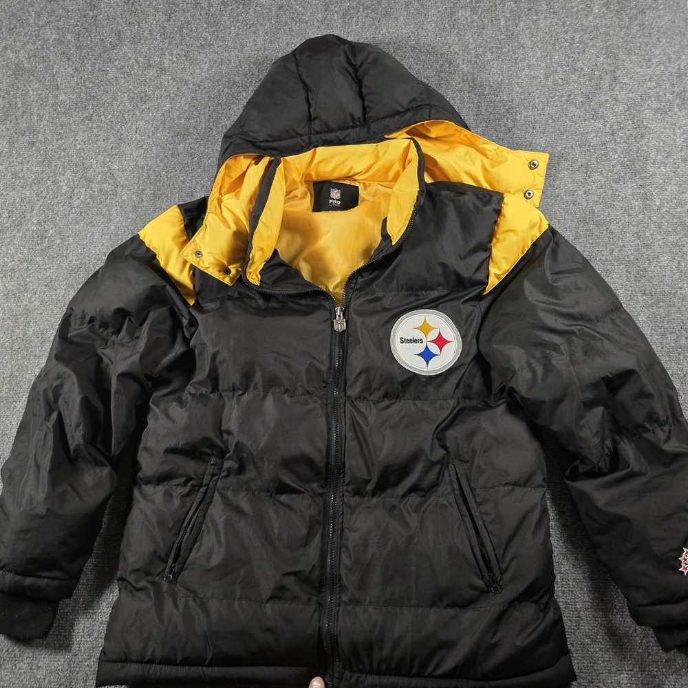 Vintage NFL Pro Line Pittsburgh Steelers Puffer Jacket Black Yellow Men's Large
